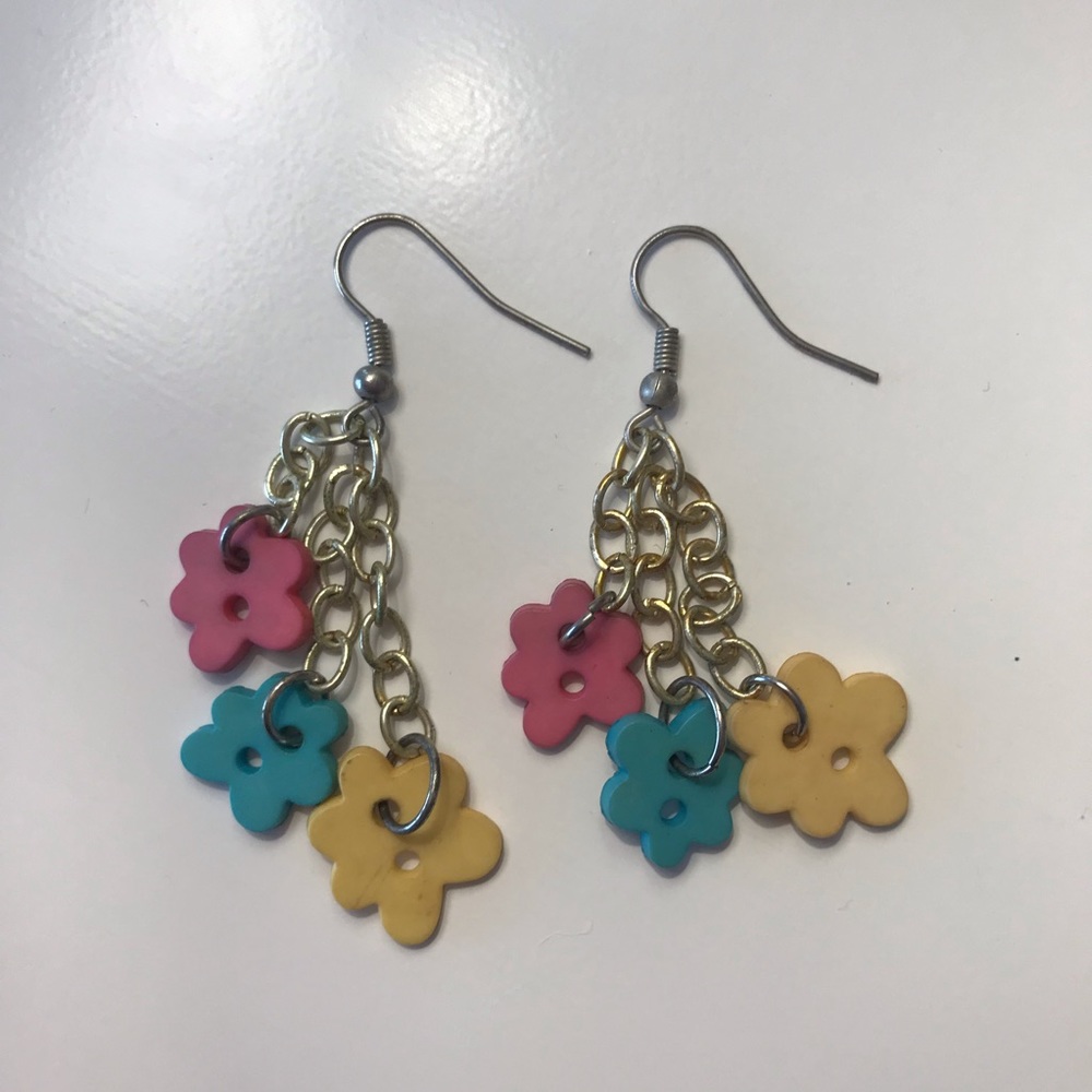 Earrings - flower buttons - pink, blue, yellow